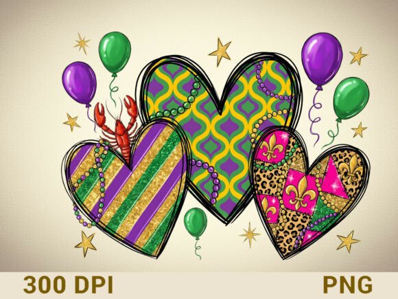 Mardi Gras Hearts Sublimation Design PNG